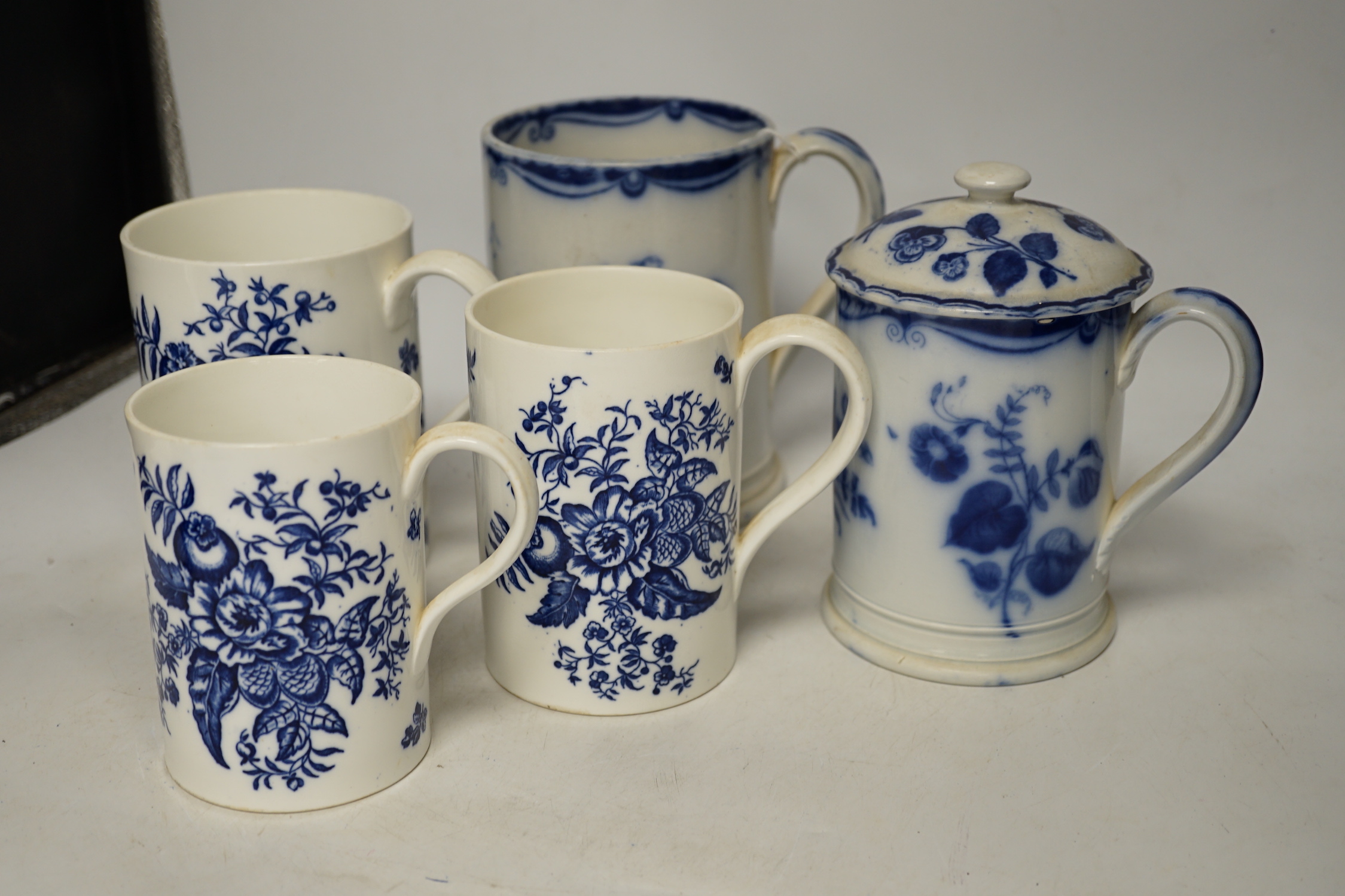 Three Coalport pine cone pattern graduated mugs and two pottery mugs (5)